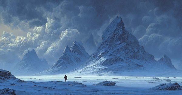 Traveler walking across an icy plain toward towering mountains beneath dark storm clouds.
