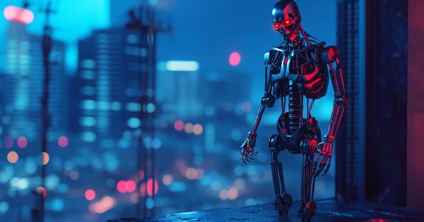 T-800 Endoskeleton standing on a ledge overlooking a futuristic city at night, illuminated by red and blue neon lighting.