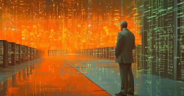 A middle-aged man in a suit stands inside a glowing futuristic data center, surrounded by orange and green light patterns evoking digital networks and surveillance systems.