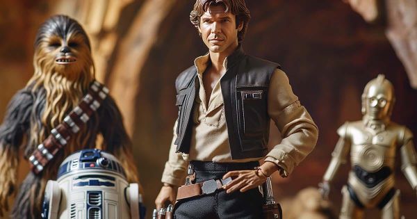 Highly detailed Han Solo action figure posed with Chewbacca, R2-D2, and C-3PO in a realistic Star Wars diorama.