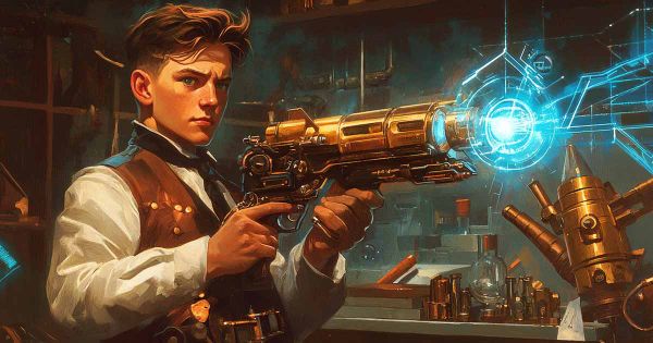Illustration of a determined young inventor in a vintage workshop holding a brass and steel electric rifle emitting a blue energy burst, in retro pulp magazine cover style.