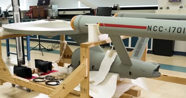 USS Enterprise original studio model in workshop during restoration for "Star Trek"