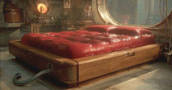 Retro-futuristic water-filled mattress in a sci-fi style bedroom with glowing red surface and wooden frame.