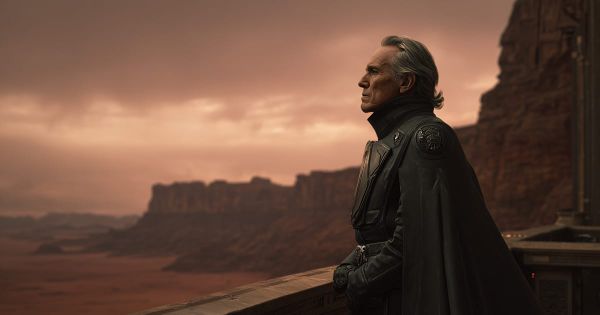 A noble figure in dark armor stands on a balcony at sunset, gazing across the vast Arrakis desert with solemn resolve.