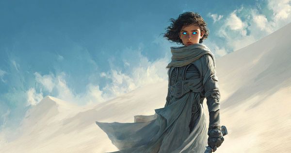 Full-body portrait of Alia Atreides standing in the desert, wearing Fremen robes and holding a crysknife, with glowing spice-blue eyes.