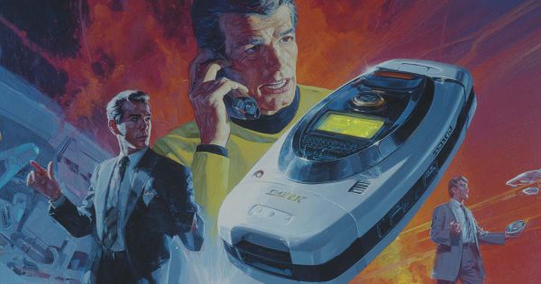 Retro sci-fi artwork of a Star Trek communicator transforming into a Motorola flip phone, with Captain Kirk and businessmen in dramatic 1970s-style illustration.