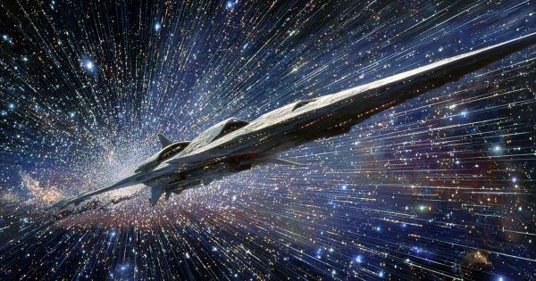 Bussard ramjet starship from "Tau Zero" traveling near light speed, Chesley Bonestell style.