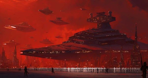 Imperial Star Destroyers and stormtroopers under a red sky symbolizing the might of the Galactic Empire in Star Wars.