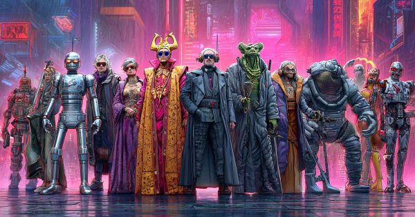 Group of retro-futurist sci-fi characters in costumes, including robots, aliens, and robed leaders, against a glowing city backdrop.