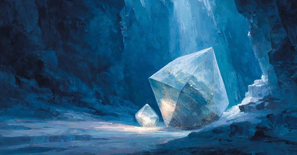 Blue kyber crystal glowing in an icy cave on Ilum, symbol of Jedi tradition in Star Wars.