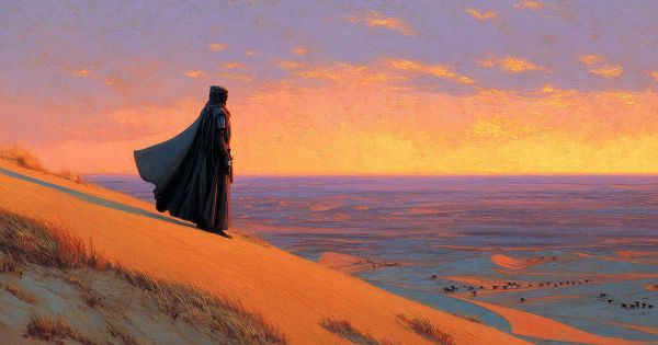 A cloaked figure stands on a high dune at sunset, overlooking the vast desert of Arrakis, painted in a moody, atmospheric style.