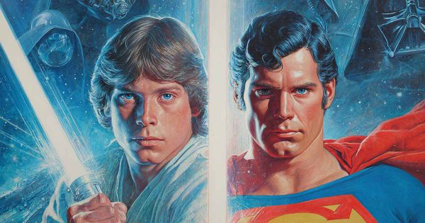 Artwork of Luke Skywalker holding a lightsaber beside Superman in his red cape, representing Mark Hamill and Christopher Reeve as iconic science fiction heroes.