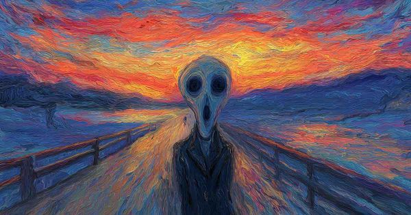 Surreal digital painting inspired by Edvard Munch’s "The Scream," showing a distorted alien-like figure on a bridge at sunset with swirling fiery skies, echoing the Silence from Doctor Who.