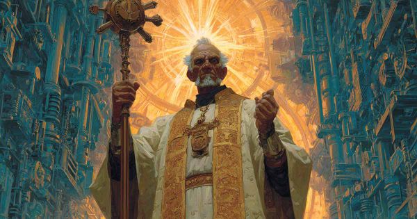 High priest radiating light in a futuristic cathedral, symbol of illusion and control in "Gather, Darkness!"
