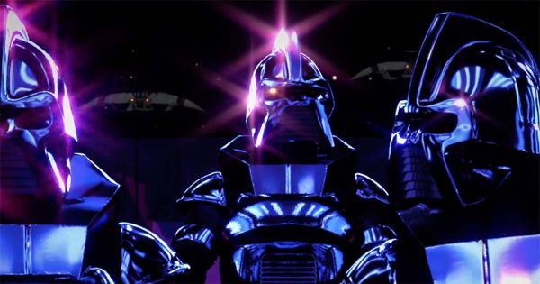 Chrome Cylon Centurions with glowing red eyes in "Battlestar Galactica" 1978 television series.