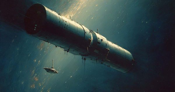 Cylindrical alien spacecraft with a smaller human ship approaching in deep space, inspired by “Rendezvous with Rama” by Arthur C. Clarke.