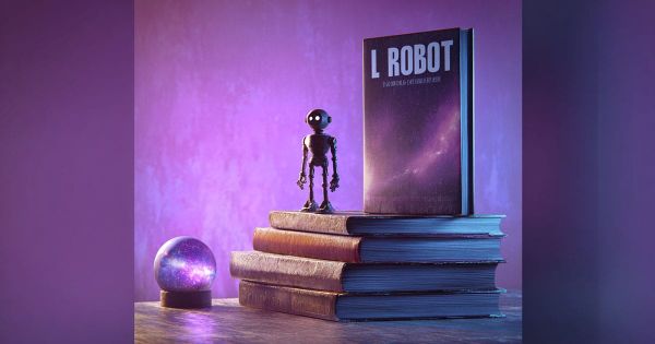 Still life with robot figurine, glowing galaxy sphere, and stack of books inspired by Isaac Asimov science fiction themes.