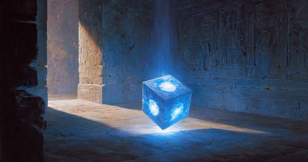 Blue cube-shaped Jedi holocron floating in an ancient stone temple with light shining across carved walls.