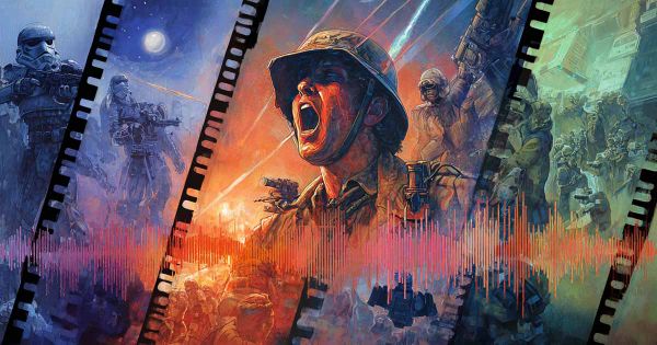 A soldier and stormtroopers linked by a glowing soundwave symbolizing the Wilhelm Scream through film history.
