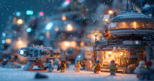 Lego-style sci-fi city at Christmas with astronauts, spacecraft, and glowing buildings under falling snow.