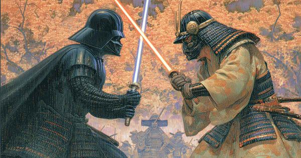 Artwork of Darth Vader and Obi-Wan Kenobi facing off as armored samurai warriors with lightsabers.