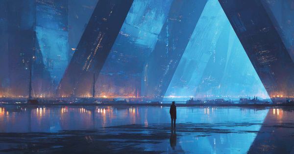 Futuristic city plaza with a solitary person gazing at a towering blue light structure, symbolizing science and humility in a vast technological landscape.