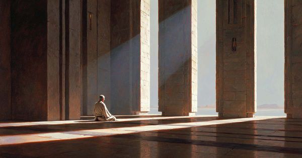 Jedi meditating alone in temple light representing non-attachment and inner balance.