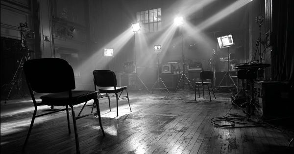 Empty broadcast studio with chairs under harsh stage lights symbolizing lost fame and forgotten identity.