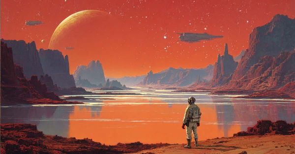 A lone astronaut stands before a silent alien horizon, facing the distance between war and home.