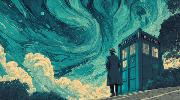 Retro-styled illustration of a man standing near a blue police box under swirling teal clouds and a cosmic sky