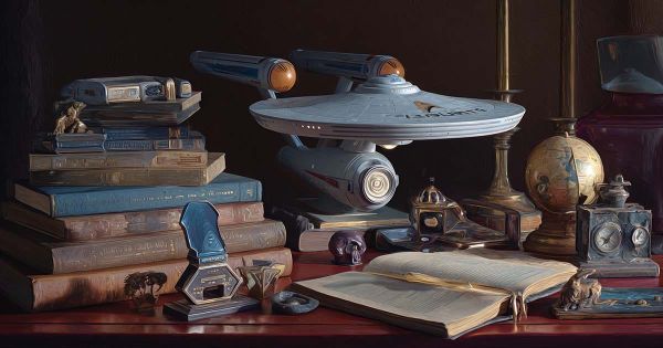 Artistic still life of Star Trek collectibles including an Enterprise model books and desk objects arranged in a contemplative study setting.