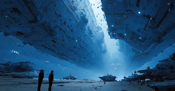 Two humans stand inside a vast alien space station with enormous silent spacecraft emphasizing isolation scale and uncertainty.