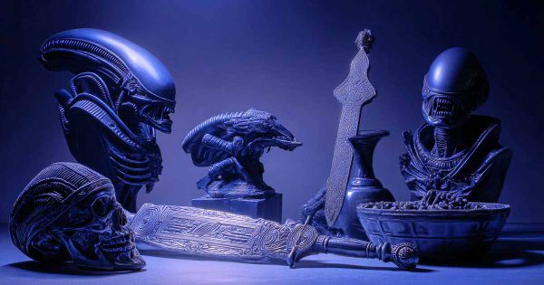 Science fiction collectibles arrangement featuring alien figures ceremonial blade and helmet in blue studio lighting.