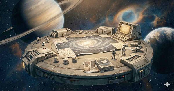 Science fiction board game table floating in space with star map cards dice and miniatures surrounded by planets.
