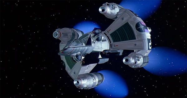 The Gunstar spacecraft from The Last Starfighter rendered in early CGI against a starfield.