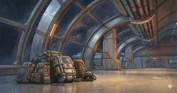 Science fiction backpacks resting in futuristic space station corridor with starfield visible through curved windows.