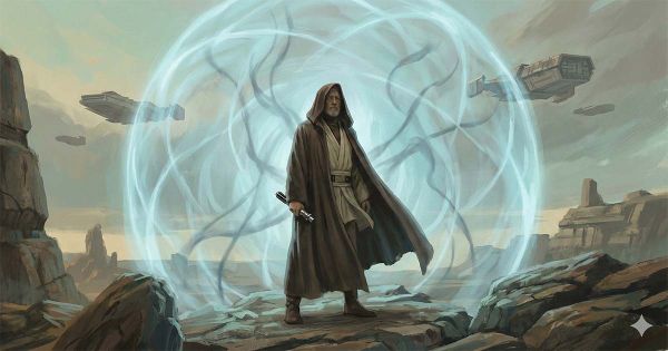 Illustration of a Jedi surrounded by the Force as a glowing energy field in Star Wars canon.