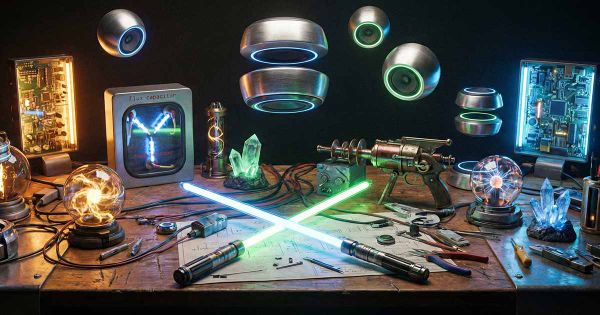 A crowded table of imagined future machines, alive with light, energy, and the promise of invention.