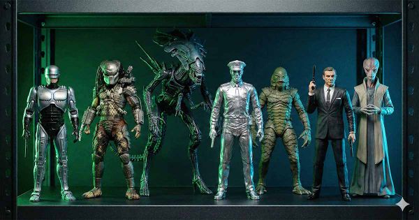 Science fiction action figures displayed on a shelf under green and blue lighting.