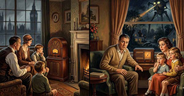 Split illustration of two vintage families listening to radios, 1926 London with Parliament in the window and 1938 New Jersey with a Martian tripod outside at night.