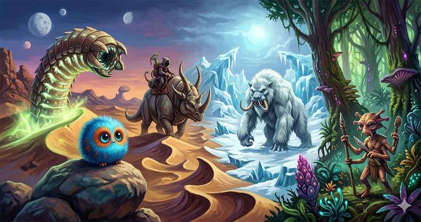 Illustrated alien animals from classic science fiction worlds including desert worms, snow beasts, and forest creatures.
