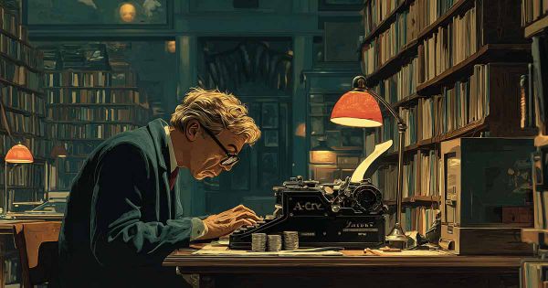 Ray Bradbury writing on a coin operated typewriter in a library.