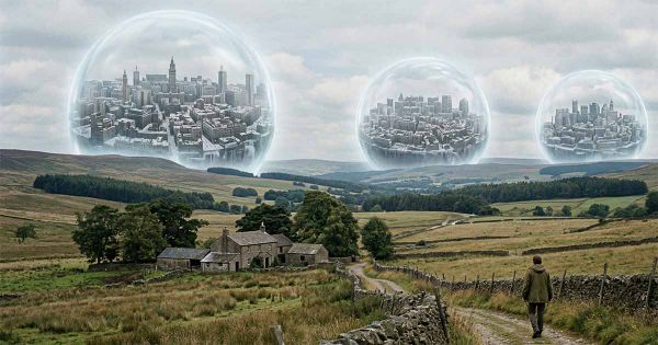 A rural landscape with a farmhouse and lone figure in the foreground, while three large transparent spheres in the distance contain frozen cities suspended in time.