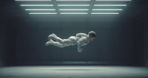 A young boy floating in a zero gravity training room, alone in a controlled futuristic environment.