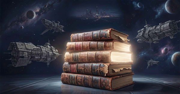 Stack of worn classic books glowing in space, surrounded by futuristic spacecraft and distant planets, symbolizing knowledge enduring into the future.