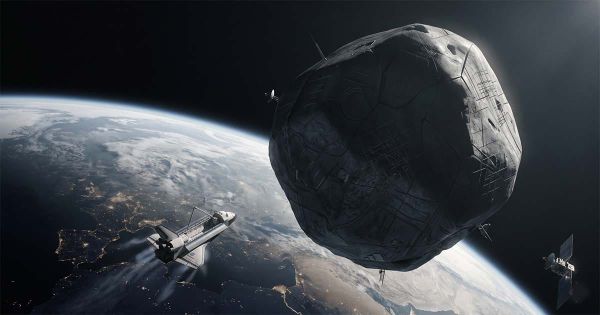 Massive artificial asteroid in Earth orbit with space shuttle approaching, illustrating the mysterious Stone from "Eon" by Greg Bear.