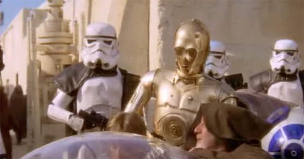 Jedi mind trick scene with Obi-Wan Kenobi influencing stormtroopers at a desert checkpoint in Star Wars Episode IV A New Hope