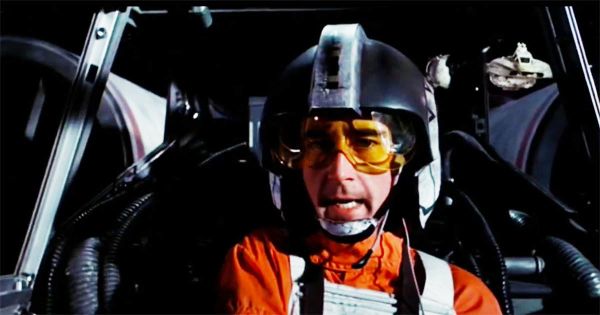 Biggs Darklighter in X-wing cockpit during Death Star trench run in "Star Wars Episode IV A New Hope"