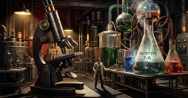 Tiny man standing in a laboratory surrounded by oversized microscope and large chemical flasks filled with colored liquids.