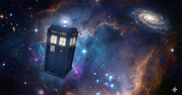 TARDIS floating through deep space as a blue police box